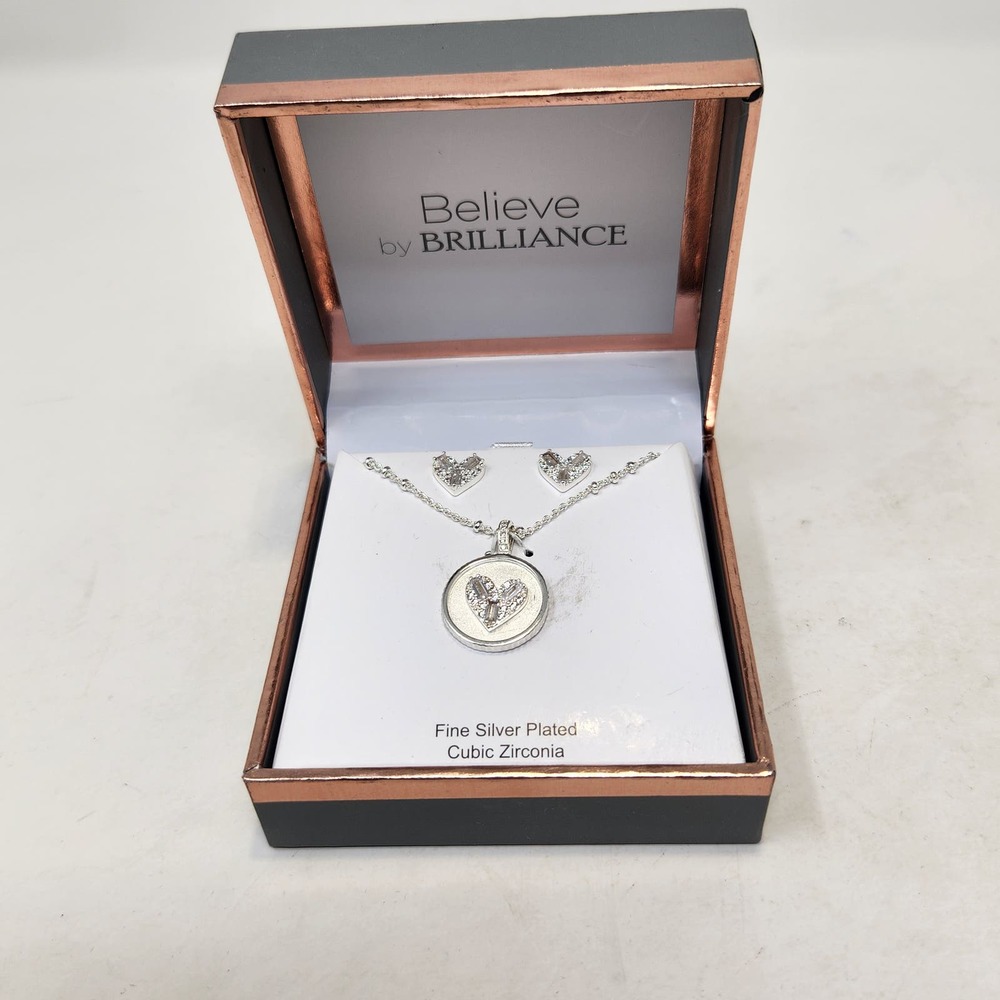 Believe by Brilliance Heart Necklace Earring Set Silver Plated Cubic Zirconia